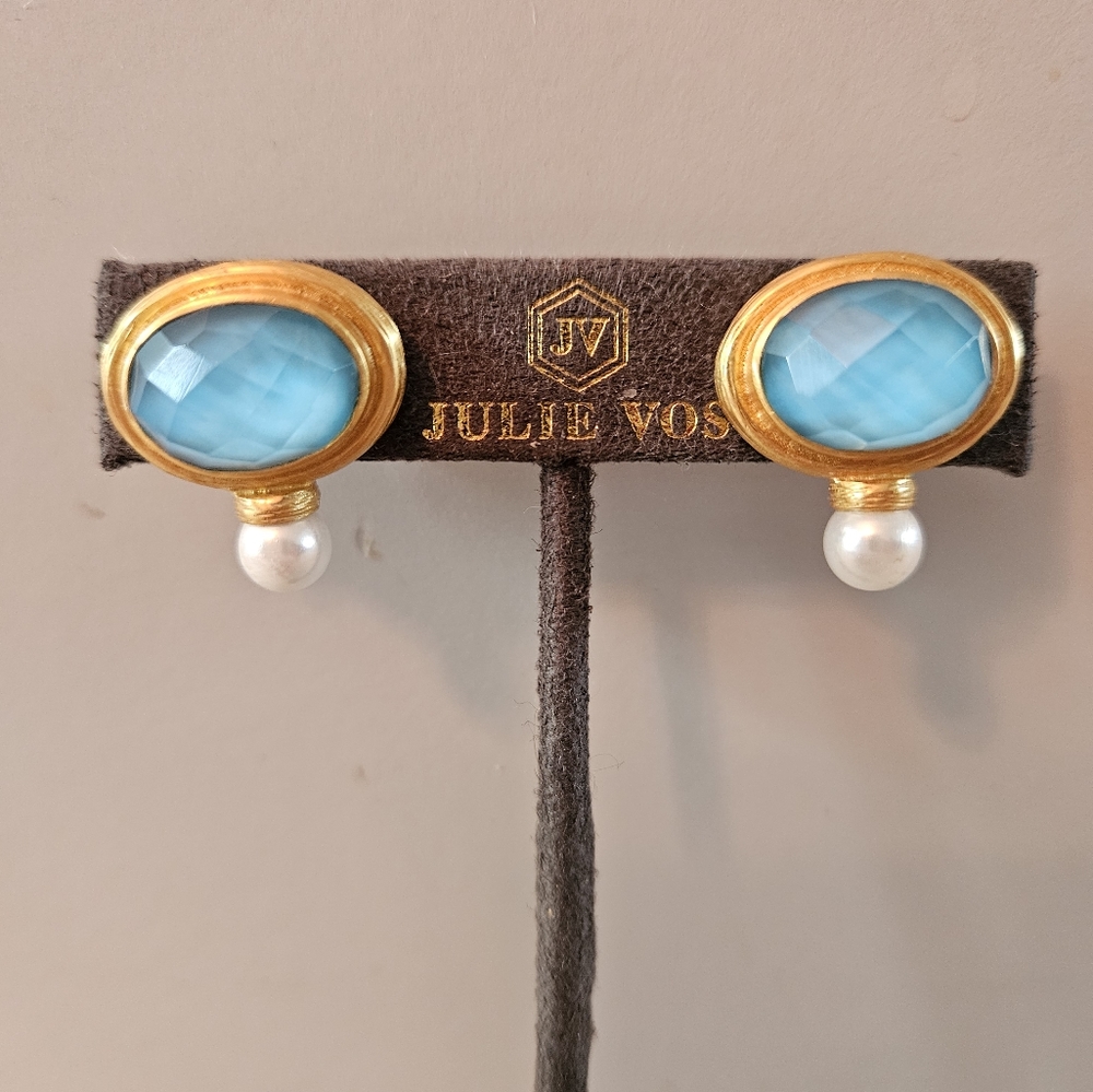 Julie Vos New Pacific Blue and Pearl  Simone Stud Earrings & Suede Pouch!